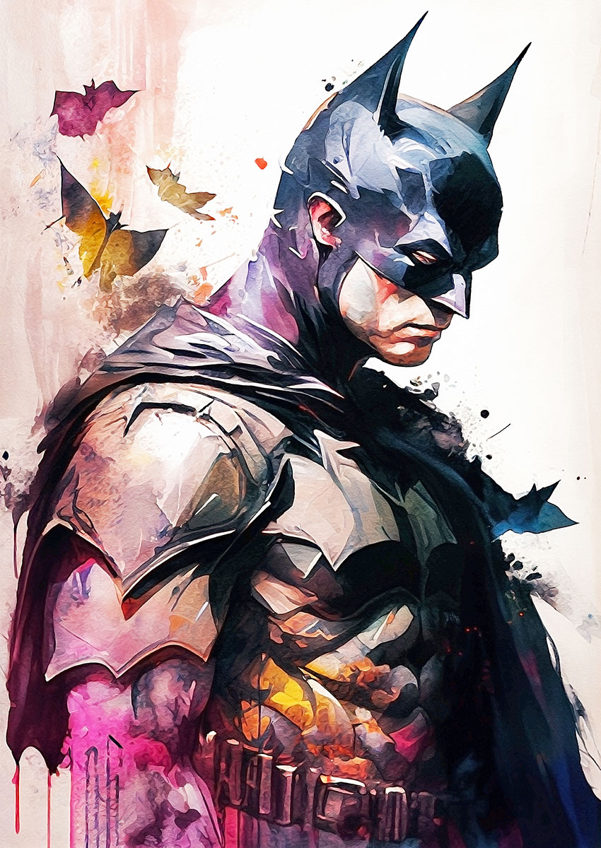 Vibrant Batman style artwork with colorful splashes, capturing the iconic figure's intensity.